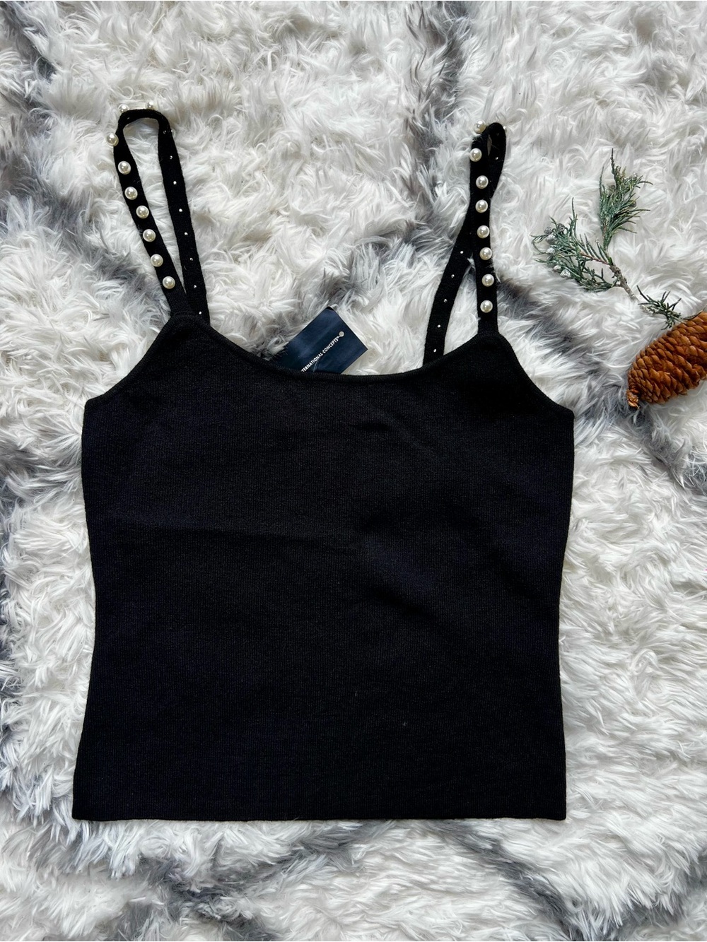 INC International Concepts Black Pearl-Trim Knit tank top